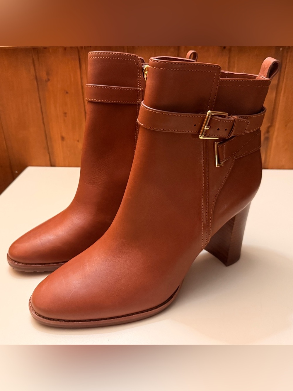 Polo Ralph Lauren Women's Tan Leather Ankle Boots with Buckle Detail(brand new)